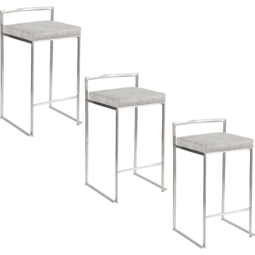 Fuji 26" Stackable Counter Stool in Brushed Stainless Steel & Light Grey Cowboy Fabric (Set of 3)